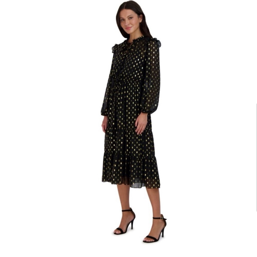 Julia Jordan Polka Dot Tiered Midi Dress in Black/Gold.‎